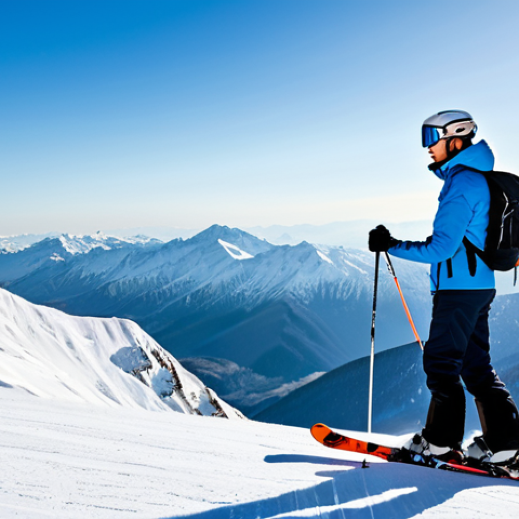 A professional adult skier in modern, modest full ski gear, standing on a pristine, snow-covered mountain peak, overlooking a breathtaking panoramic vista of majestic snow-capped mountains and valleys under a clear, crisp sky. The scene conveys a sense of awe and connection with nature, bathed in soft morning light. Perfect anatomy, correct proportions, natural pose, well-formed hands, proper finger count, natural body proportions, professional photography, high quality, fully clothed, appropriate attire, safe for work, appropriate content, family-friendly.