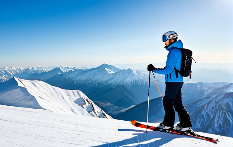 A professional adult skier in modern, modest full ski gear, standing on a pristine, snow-covered mountain peak, overlooking a breathtaking panoramic vista of majestic snow-capped mountains and valleys under a clear, crisp sky. The scene conveys a sense of awe and connection with nature, bathed in soft morning light. Perfect anatomy, correct proportions, natural pose, well-formed hands, proper finger count, natural body proportions, professional photography, high quality, fully clothed, appropriate attire, safe for work, appropriate content, family-friendly.