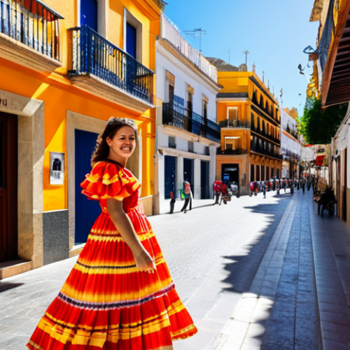 Home 27 **
A vibrant street scene in Seville, Spain. A young woman, fully clothed in a colorful flamenco dress, smiles as she walks past a traditional tapas bar. Sunlight streams through the narrow street, illuminating the orange buildings and flower-filled balconies. Focus on the details of the dress and the architecture. Safe for work, appropriate content, professional photography, perfect anatomy, natural proportions, modest clothing.
**