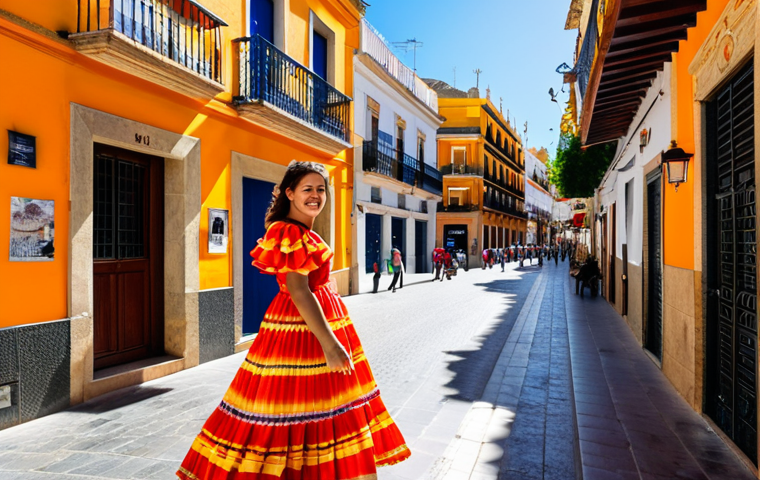 **
A vibrant street scene in Seville, Spain. A young woman, fully clothed in a colorful flamenco dress, smiles as she walks past a traditional tapas bar. Sunlight streams through the narrow street, illuminating the orange buildings and flower-filled balconies. Focus on the details of the dress and the architecture. Safe for work, appropriate content, professional photography, perfect anatomy, natural proportions, modest clothing.
**