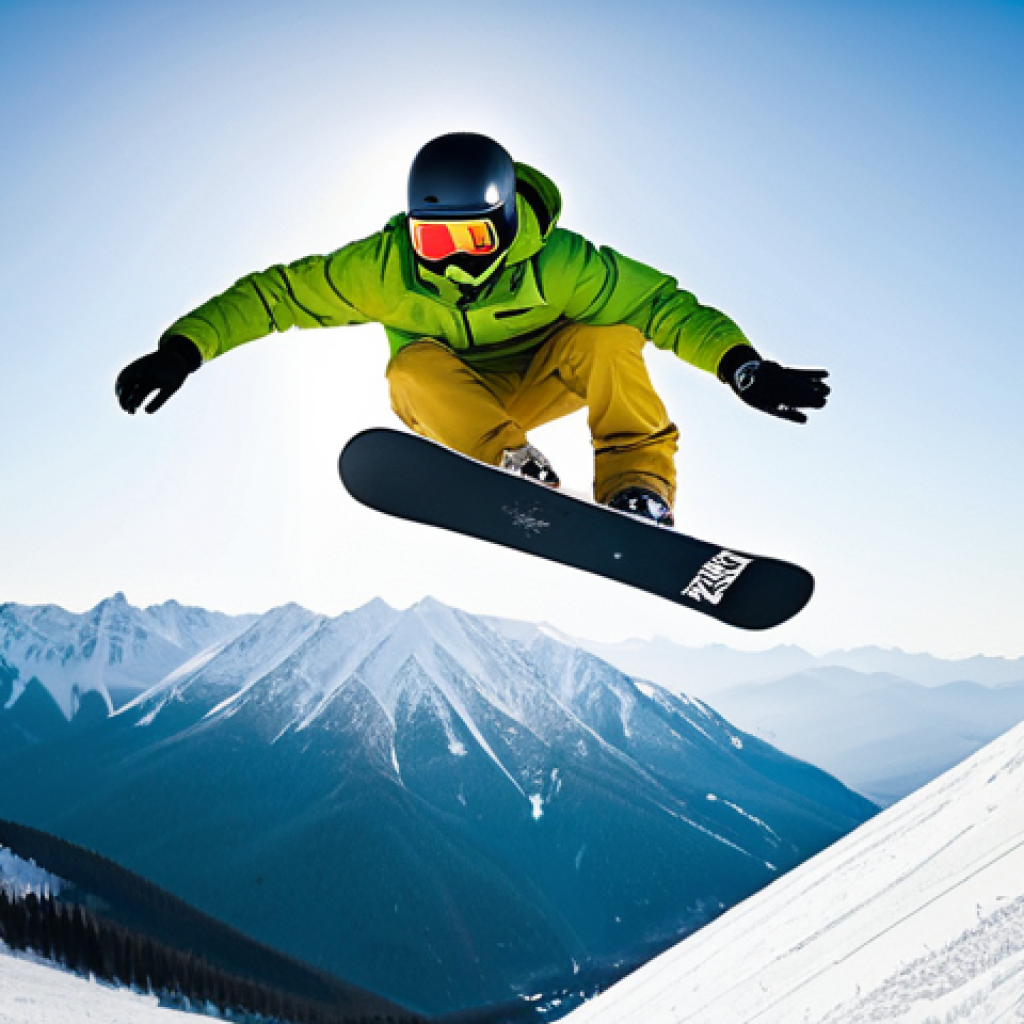 스노우보드 점프 훈련법 - A male snowboarder in full, stylish winter gear, including a helmet, goggles, a vibrant jacket, and ...