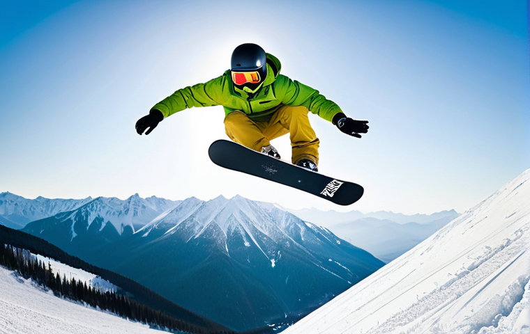 스노우보드 점프 훈련법 - A male snowboarder in full, stylish winter gear, including a helmet, goggles, a vibrant jacket, and ...