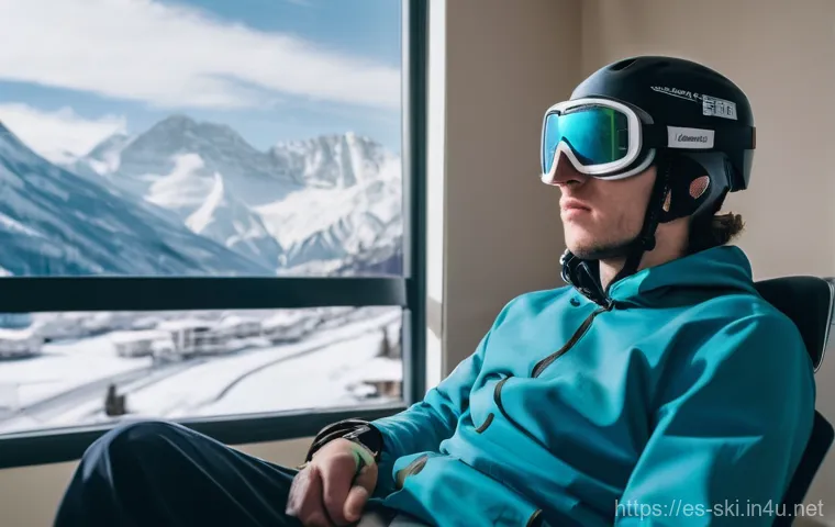 스키 여행 보험 가입 팁 - The Weight of Unforeseen Costs**
A young man, mid-20s, with a cast on his wrist, sits slumped in a m...