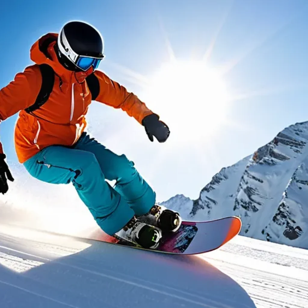 스노우보드 튜닝 서비스 - **"The Perfect Glide: A Snowboarder's Symphony with Snow"**
A dynamic, wide-angle shot of a snow...
