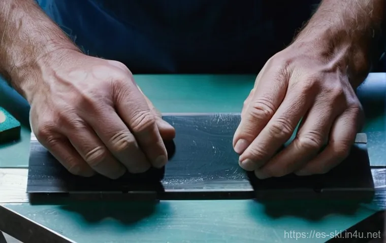 스노우보드 튜닝 서비스 - **"The Perfect Glide: A Snowboarder's Symphony with Snow"**
    A dynamic, wide-angle shot of a snow...