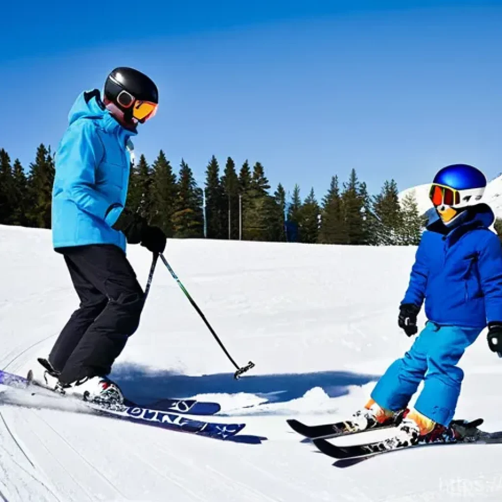스키와 보드 추천 강의 - **Prompt 1: The Joy of Learning on a Gentle Slope**
A wide shot of a bright, sunny ski resort on...