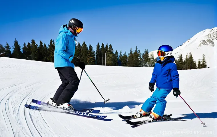 스키와 보드 추천 강의 - **Prompt 1: The Joy of Learning on a Gentle Slope**
A wide shot of a bright, sunny ski resort on...