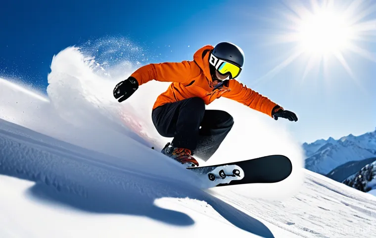 스노우보드 턴 연습 팁 - **Prompt:** A skilled snowboarder mid-carve on a pristine, sunny mountain slope. The rider, dressed ...