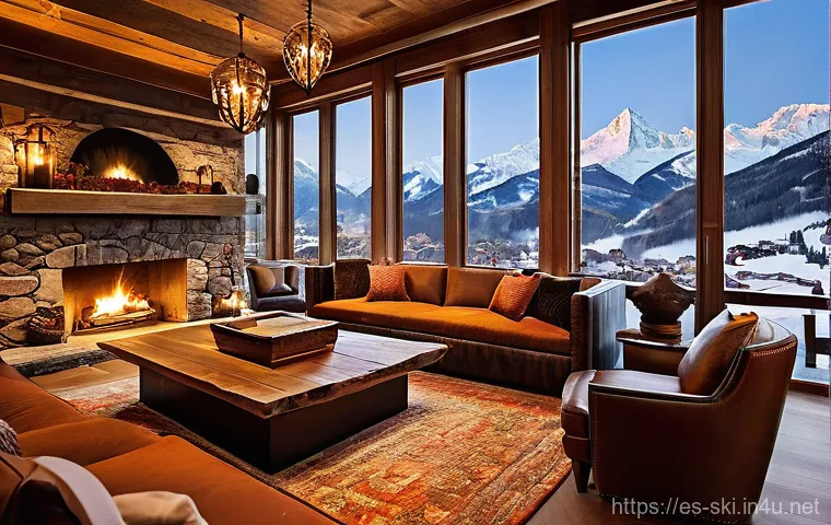 스키장 라운지 시설 리뷰 - **Luxurious Alpine Après-Ski Lounge.**
A sophisticated and inviting interior of a high-end après...