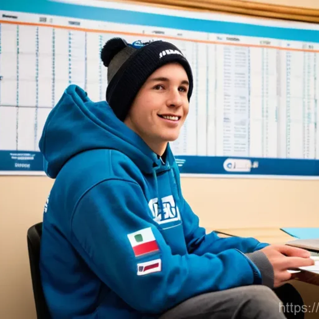 스노우보드 해외 대회 참가법 - A young, determined snowboarder, approximately 18-20 years old, with an athletic build, is seated at...