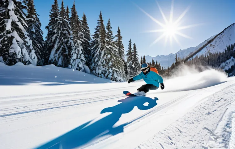 스키와 보드 데크 차이 - **High-Performance Carve:** A dynamic, low-angle shot of a state-of-the-art snowboard deck executing...