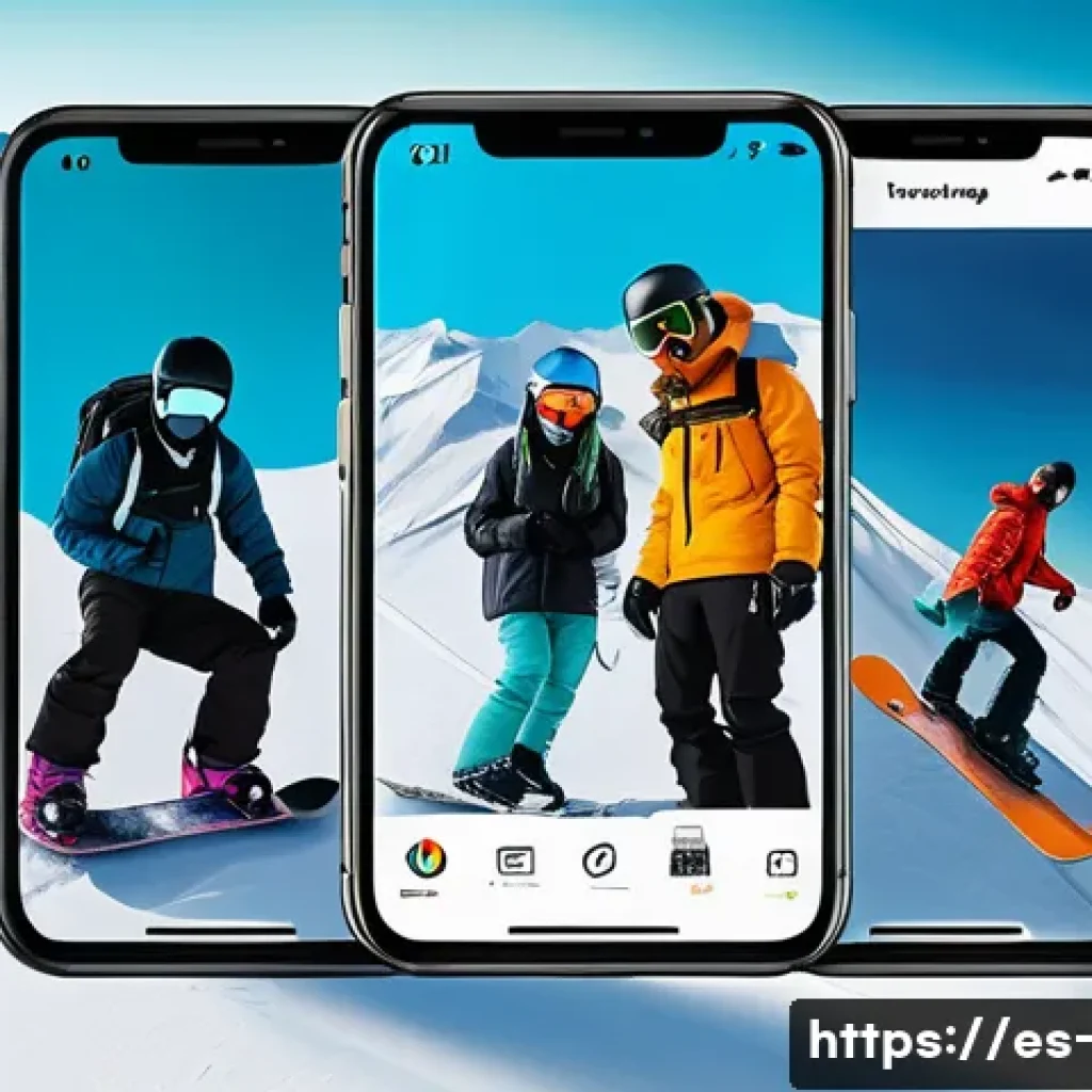 스노우보드 커뮤니티 활용법 - A vibrant and dynamic digital art scene showing a diverse group of snowboarders, both professional a...