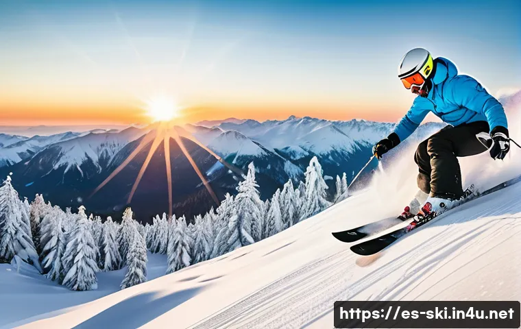 스키 여행 사진 촬영 팁 - A vibrant winter landscape showing a skilled skier in mid-air performing a jump on a snowy mountain ...