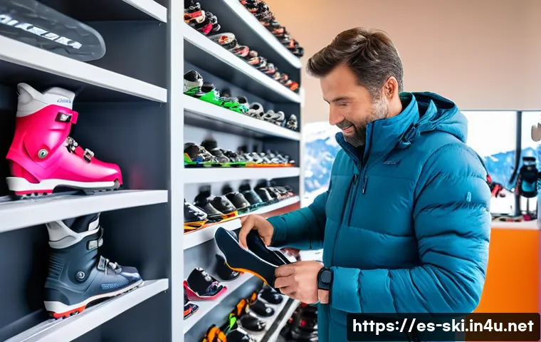 스키 중급자 장비 세팅 - A professional ski boot fitter in a modern ski shop carefully customizing a pair of ski boots for a ...
