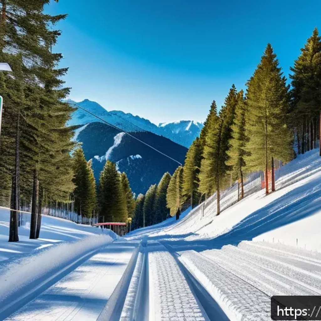 스키장 속도 제한 규칙 - A vibrant ski resort scene in the Spanish Pyrenees during winter, showcasing a diverse group of skie...