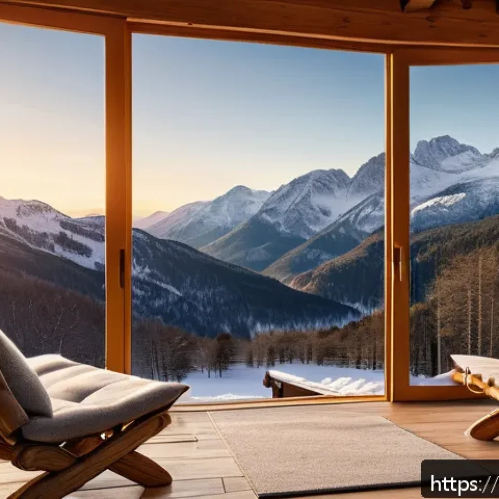 스키장 숙소 예약 방법 - A cozy mountain chalet balcony view at sunrise, overlooking snow-covered pine forests and majestic p...