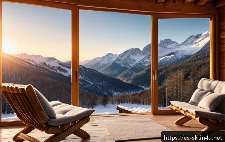 스키장 숙소 예약 방법 - A cozy mountain chalet balcony view at sunrise, overlooking snow-covered pine forests and majestic p...