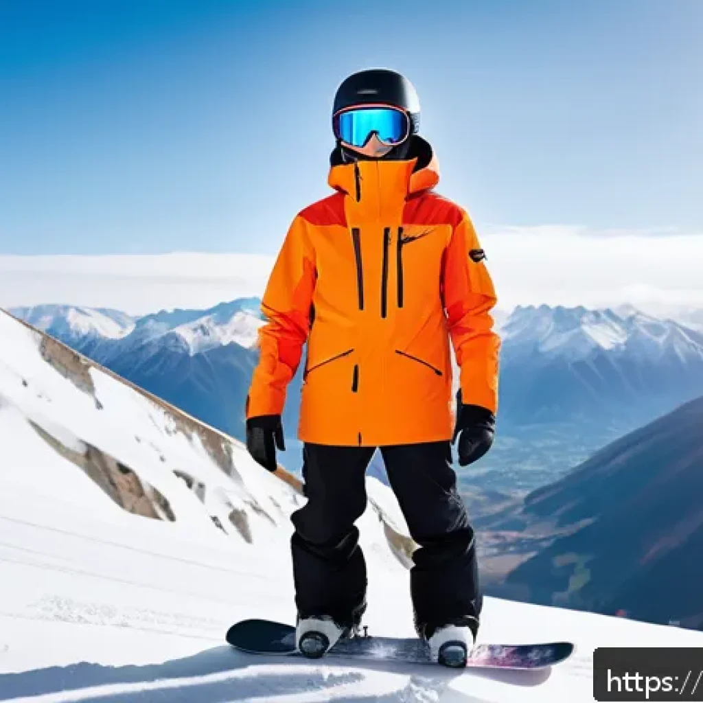 스노우보드 의류 매칭법 - A vibrant snowboarding scene featuring a young adult wearing a neon orange waterproof Gore-Tex jacke...