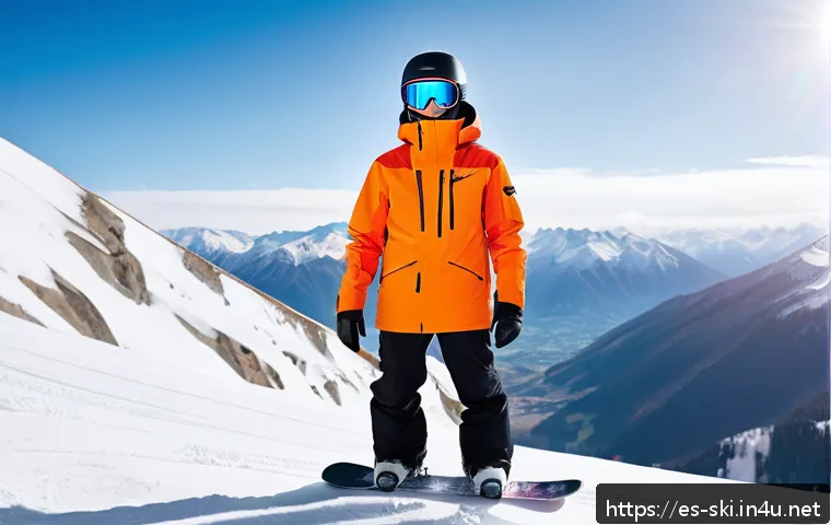 스노우보드 의류 매칭법 - A vibrant snowboarding scene featuring a young adult wearing a neon orange waterproof Gore-Tex jacke...