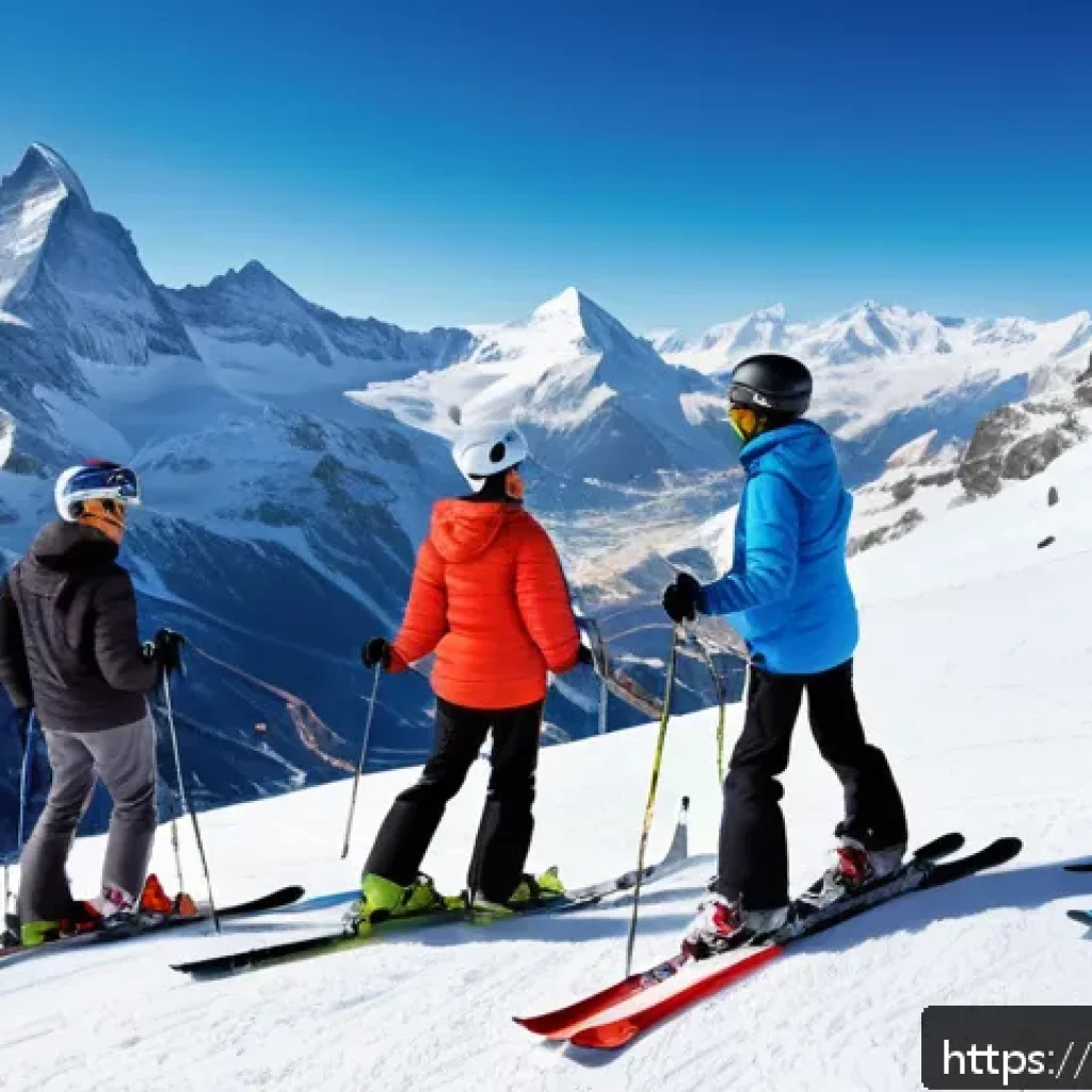 스키 강사 채용 정보 - A professional ski instructor teaching a diverse group of adult students on a snowy slope in the Swi...