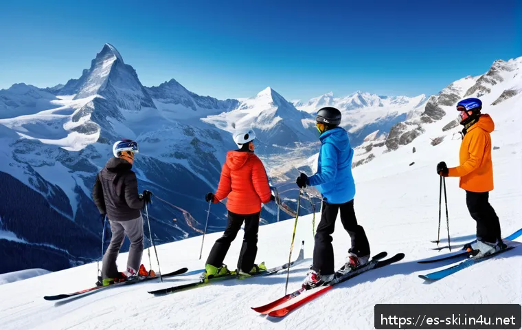 스키 강사 채용 정보 - A professional ski instructor teaching a diverse group of adult students on a snowy slope in the Swi...