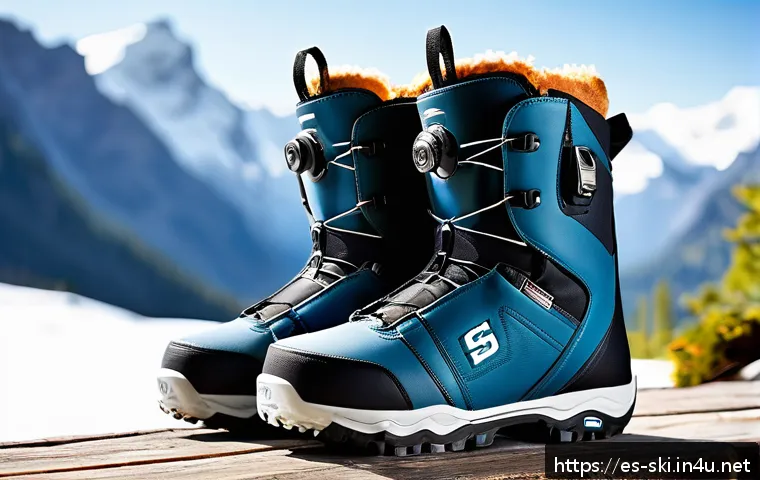 스노우보드 부츠와 양말 궁합 - A detailed close-up of a pair of high-quality snowboard boots showcasing medium flexibility, with vi...