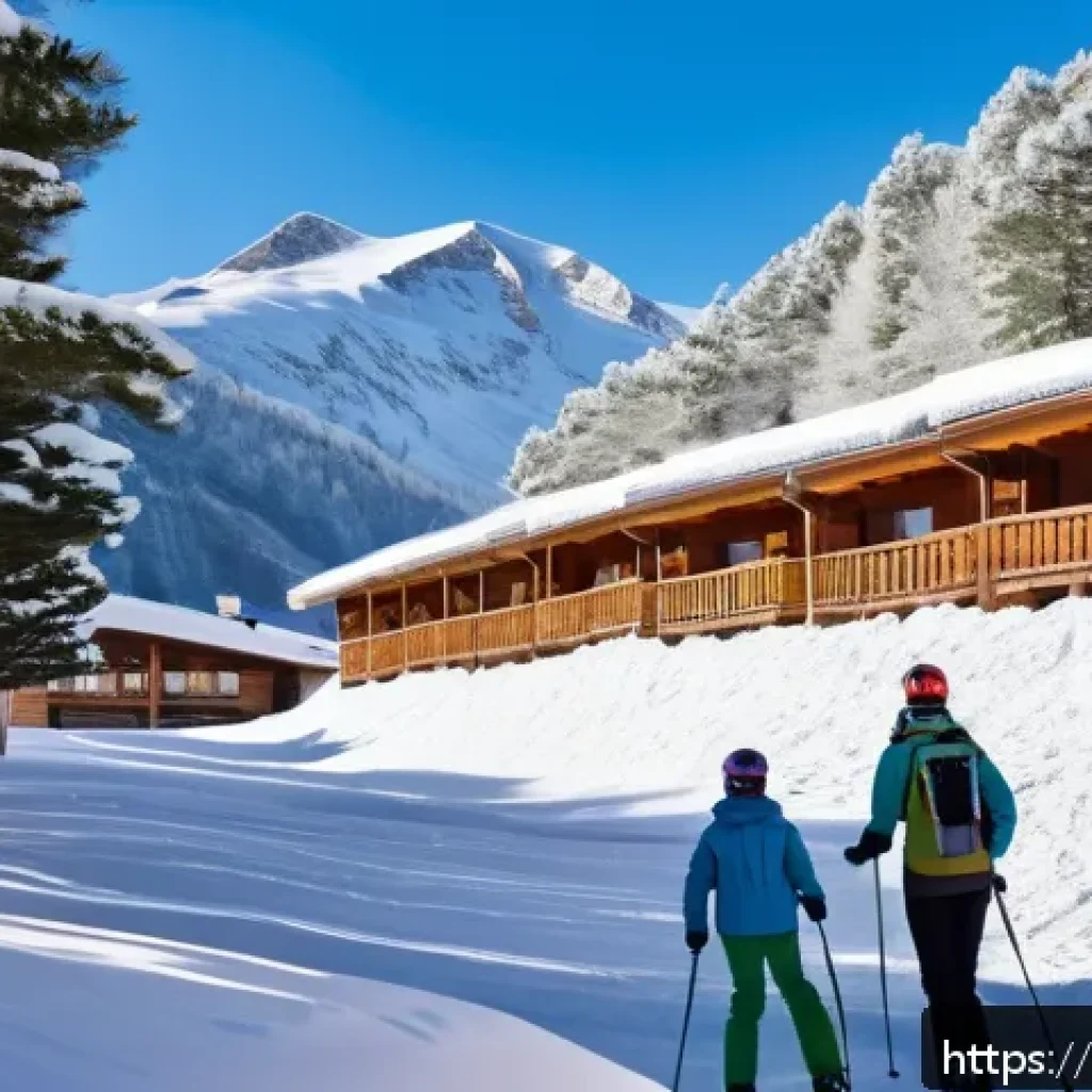 스키 여행 경비 절약법 - A cozy, less crowded ski resort in the Spanish Pyrenees during early spring, featuring skiers wearin...
