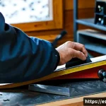 스노우보드 장비 유지보수 - Photorealistic close-up of a snowboard technician in a cozy mountain workshop in the Spanish Pyrenee...