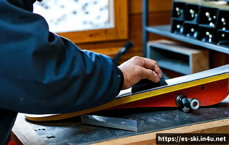 스노우보드 장비 유지보수 - Photorealistic close-up of a snowboard technician in a cozy mountain workshop in the Spanish Pyrenee...
