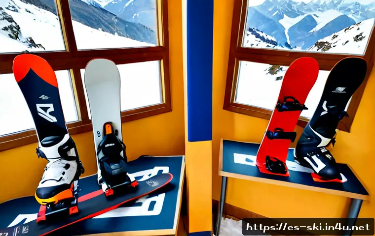 Home 17 스노우보드 장비 브랜드 추천 - Photorealistic snowboard gear comparison in a bright mountain shop in the Spanish Pyrenees, three un...