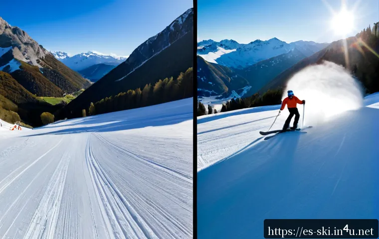 스키와 보드의 차이 - Photorealistic side-by-side winter sports comparison on a sunny Spanish Pyrenees ski slope: one skie...