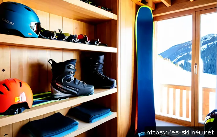 스키와 보드 장비 보관법 - Photorealistic organized ski storage area in a bright mountain apartment in the Spanish Pyrenees, a ...