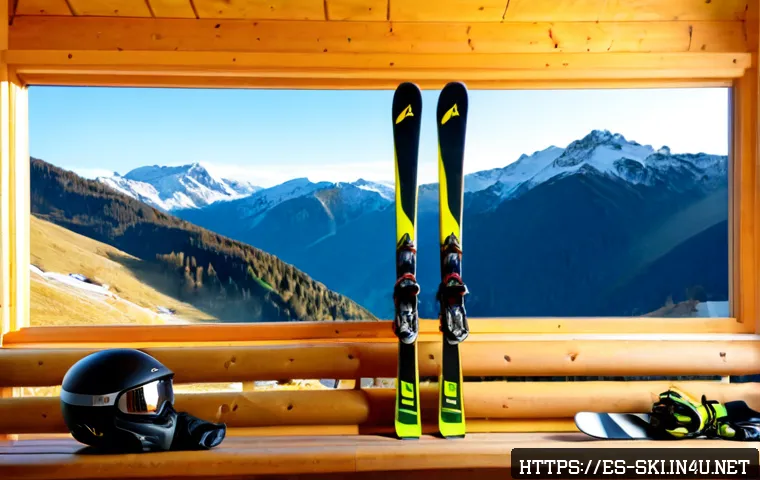 스키 전문가용 장비 추천 - Photorealistic premium alpine ski equipment arranged neatly on a wooden bench inside a bright mounta...