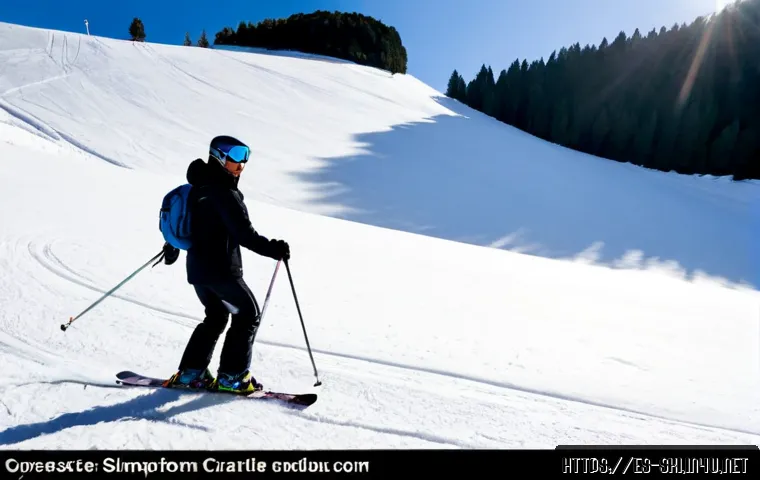 스키 초보자 넘어지기 연습 - Photorealistic beginner skier practicing a safe sideways fall on a gentle groomed slope in the Spani...